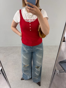 「CIAOPANIC（チャオパニック）のダメージラインストーンワイドストレートデニム（デニムパンツ、ブルー系）」を使った、濱川　ひよりさん（レディース・162cm）の夏コーディネート