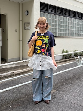 「CIAOPANIC（チャオパニック）のウッドボタンドビーシャーリングキャミチュニックワンピース（チュニック、ホワイト系）」を使った、濱川　ひよりさん（レディース・162cm）の夏コーディネート