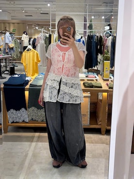「CIAOPANIC（チャオパニック）の袖レースナンバリングボーダーラグランTee（Tシャツ/カットソー、オレンジ系）」を使った、濱川　ひよりさん（レディース・162cm）の夏コーディネート