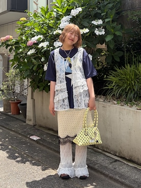「CIAOPANIC（チャオパニック）のスターパッチワークTee（Tシャツ/カットソー、ホワイト系）」を使った、濱川　ひよりさん（レディース・162cm）の夏コーディネート