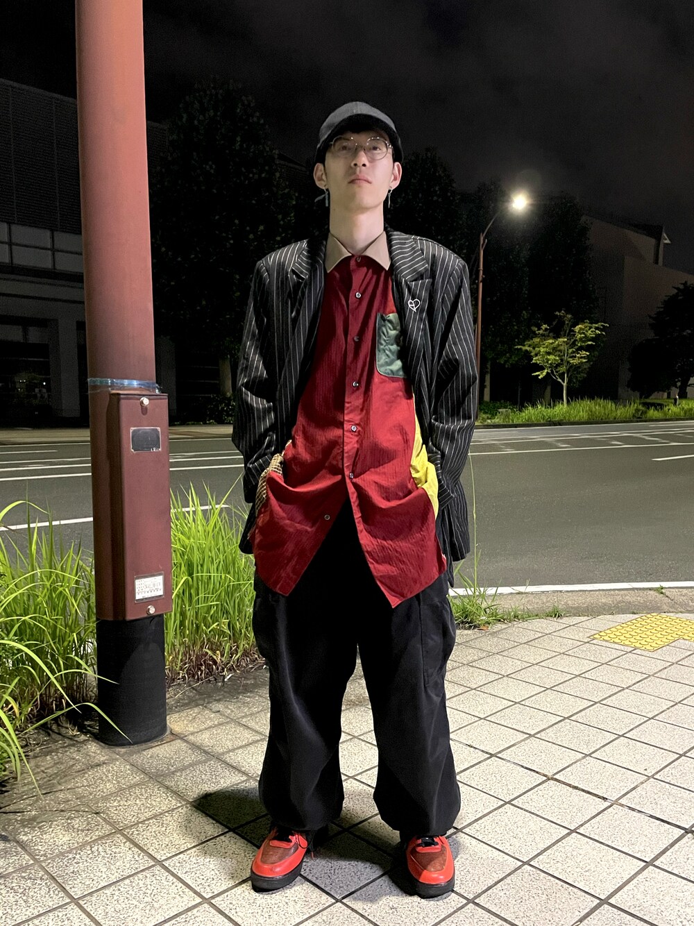 「メンズファッション、オーバーサイズ、ジャケットスタイル、オレンジ、キャップ、カーゴパンツ、Polo Ralph Lauren、NIKE AIR FORCE」｜「NIKEのアイテム（スニーカー、オレンジ系）」を使った、baku0911attomark🍋さん（メンズ・167cm）の夏コーディネートの1枚目の写真