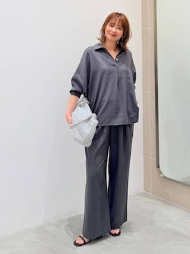 「Elura（エルーラ）のリネンブレンドワイドパンツ＜低身長サイズあり＞/659648（其他裤装、グレー系）」を使った、mikaxさん（レディース・158cm）の春コーディネート
