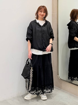 「Elura（エルーラ）の【GOODROCKSPEED】別注 /Mickey/プリント7分Tシャツ /590662（T恤/上装、ホワイト系）」を使った、mikaxさん（レディース・158cm）の春コーディネート