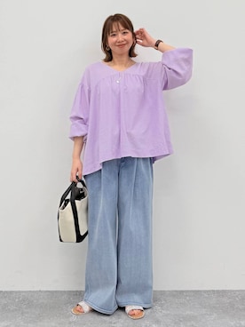 「Elura（エルーラ）の大人カラーワイドデニム＜低身長サイズあり＞/625552（牛仔裤、ブルー系）」を使った、mikaxさん（レディース・158cm）の春コーディネート