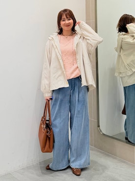 「Elura（エルーラ）の大人カラーワイドデニム＜低身長サイズあり＞/625552（牛仔裤、ブルー系）」を使った、mikaxさん（レディース・158cm）の春コーディネート