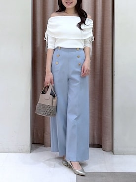 「La boutique BonBon（ラブティックボンボン）の【接触冷感・UVカット・最強モテニット】クールタッチUVオフショルリブニット（ニット/セーター、ホワイト系）」を使った、La boutique BonBonさん（レディース・157cm）の春コーディネート