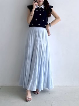 「La boutique BonBon（ラブティックボンボン）の【全骨格美人見え】クールタッチUVビジュー付きニット（ニット/セーター、ブルー系）」を使った、La boutique BonBonさん（レディース・157cm）の春コーディネート