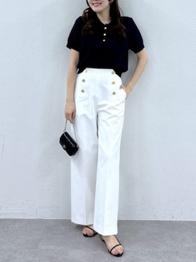 「La boutique BonBon（ラブティックボンボン）の【コロンとしたフォルムが可愛い】ペーパーヤーンポロニット（ニット/セーター、ブルー系）」を使った、La boutique BonBonさん（レディース・157cm）の春コーディネート