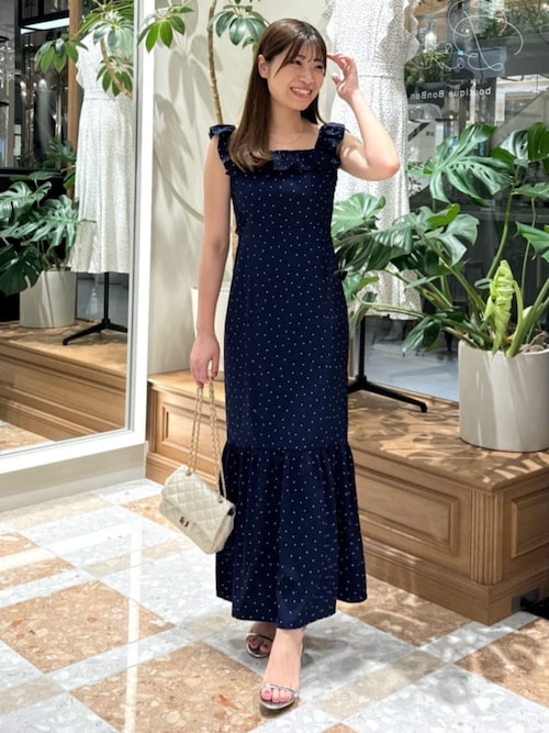 ドットプリントフリルトリムマーメイドワンピース ラブティック