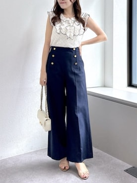 「La boutique BonBon（ラブティックボンボン）のドットプリントフリルブラウス（シャツ/ブラウス、ホワイト系）」を使った、La boutique BonBonさん（レディース・157cm）の春コーディネート