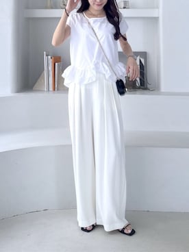 「La boutique BonBon（ラブティックボンボン）の【RISA監修カラーあり】2タックワイドパンツ（その他パンツ、ホワイト系）」を使った、La boutique BonBonさん（レディース・157cm）の春コーディネート