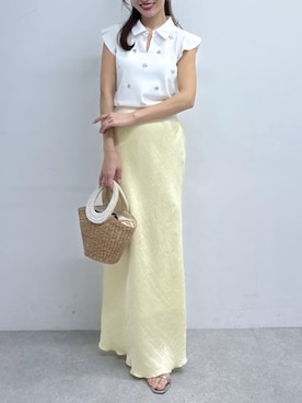 「La boutique BonBon（ラブティックボンボン）の【高身長・低身長サイズあり】きらきらサテンロングナロースカート（スカート）」を使った、La boutique BonBonさん（レディース・153cm）の春コーディネート