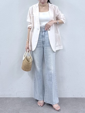 「La boutique BonBon（ラブティックボンボン）のパールハンドルバスケットS/チェーン付（かごバッグ、ベージュ系）」を使った、La boutique BonBonさん（レディース・157cm）の春コーディネート