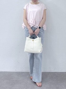 「La boutique BonBon（ラブティックボンボン）の【スタイルUPデニム】バックレースアップデニムフレアパンツ（デニムパンツ、ブルー系）」を使った、La boutique BonBonさん（レディース・157cm）の春コーディネート