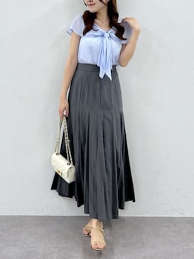 「La boutique BonBon（ラブティックボンボン）のフリルボウタイブラウス（シャツ/ブラウス、ブルー系）」を使った、La boutique BonBonさん（レディース・157cm）の春コーディネート