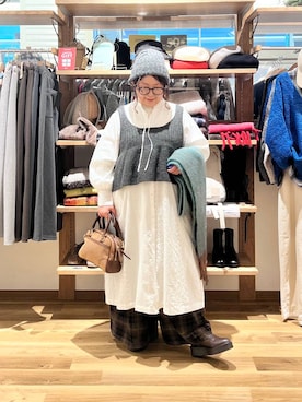 「アイテム（ニットキャップ/ビーニー、グレー系）」を使った、nan3733さん（レディース・155cm）の冬コーディネート