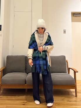 「アイテム（マフラー、グリーン系）」を使った、りょーこさん（レディース・163cm）の秋コーディネート