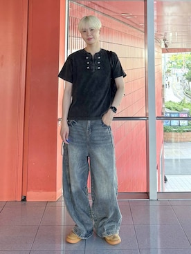 「LAND MUSEUM（ランドミュージアム）のLAND MUSEUM／デニムバレルパンツ（デニムパンツ、ブルー系）」を使った、dnjsl2l8さん（メンズ・178cm）の夏コーディネート