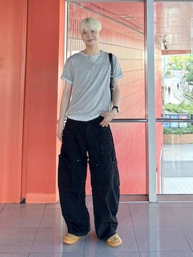 「LAND MUSEUM（ランドミュージアム）のLAND MUSEUM／ボーダーレイヤードヘンリーＴシャツ（Tシャツ/カットソー、グレー系）」を使った、dnjsl2l8さん（メンズ・178cm）の夏コーディネート