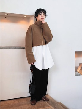 「かぐれ（カグレ）のSEEALL　CROPPED JACKET（テーラードジャケット、グリーン系）」を使った、おふじさん（レディース・161cm）の秋コーディネート