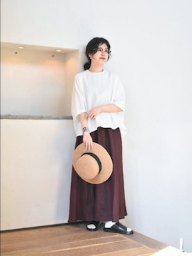 「かぐれ（カグレ）のリネンフレアスカート（スカート、ブラウン系）」を使った、おふじさん（レディース・161cm）の春コーディネート