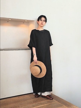 「かぐれ（カグレ）の『2サイズ展開』リネンフリルスリーブワンピース（ワンピース、ブラック系）」を使った、おふじさん（レディース・161cm）の夏コーディネート