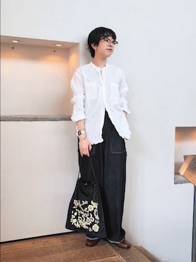 「かぐれ（カグレ）のVas-Y Lentement　WRINKLE BANDED COLLAR SHIRTS（シャツ/ブラウス、ホワイト系）」を使った、おふじさん（レディース・161cm）の秋コーディネート