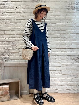 「カンカン帽」｜「アイテム（ジャンパースカート）」を使った、いっしき🐻さん（レディース・163cm）の春コーディネート