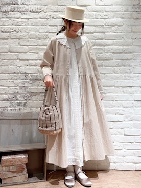 「カンカン帽」｜「アイテム（ジャンパースカート）」を使った、いっしき🐻さん（レディース・163cm）の春コーディネート