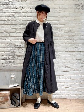 配色リボンダブルボタンコートを使った人気ファッションコーディネート