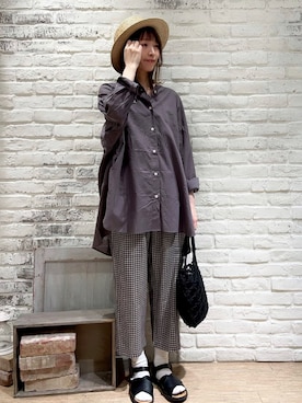 「Samansa Mos2（サマンサ モスモス）のビックシルエットバンドカラーシャツ（シャツ/ブラウス）」を使った、いっしき🐻さん（レディース・163cm）の春コーディネート