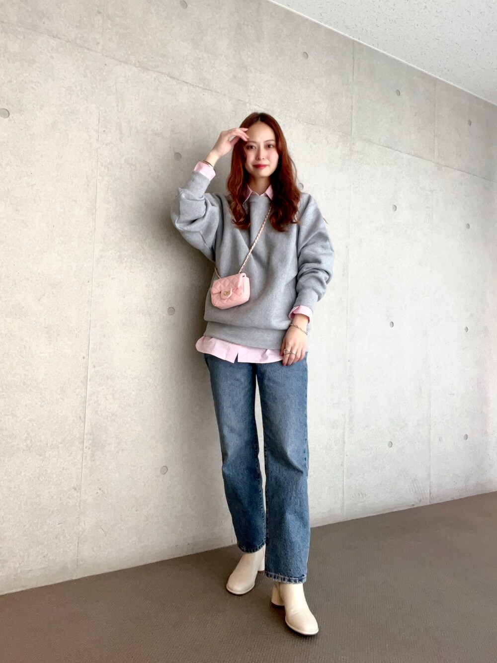 「今日のコスメと服、春色、休日スタイル、オフィスカジュアル、デニム、デートコーデ、春コーデ、プチプラ、春服みてみて、ブーツ、パステルカラー、レイヤードスタイル、春のおしゃ見えテクニック、カジュアルコーデ、春のNewスタイル」｜「DISCOATのキルティングミニミニショルダーバッグ（ショルダーバッグ、ピンク系）」を使った、maiさん（レディース・162cm）の冬コーディネートの1枚目の写真