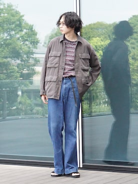 「タックイン」｜「アイテム（ミリタリージャケット）」を使った、SUDOさん（メンズ・186cm）の夏コーディネート