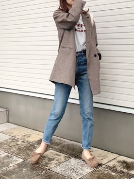 「チェック柄に恋してる」｜「アイテム（モカシン/デッキシューズ）」を使った、紗衣さん（レディース・158cm）の秋コーディネート
