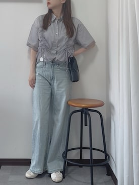「tiptop（ティップトップ）のレイヤードドロストストライプシャツ（Shirts、グレー系）」を使った、紗衣さん（レディース・158cm）の夏コーディネート