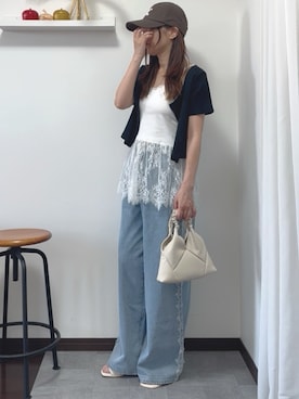 「tiptop（ティップトップ）の半袖カーディガン×裾レースキャミSET（T Shirts、ブラック系）」を使った、紗衣さん（レディース・158cm）の夏コーディネート