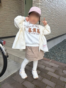 「GU（ジーユー）のアイテム（帽子、ピンク系）」を使った、そっちゃんさん（キッズ・70cm）の春コーディネート