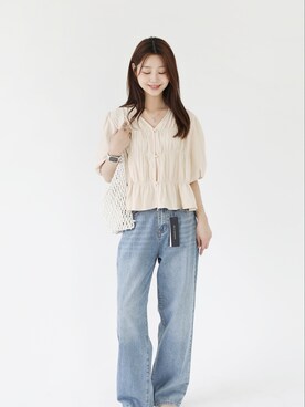 「アイテム（トップス、ベージュ系）」を使った、66ガールズさん（レディース・168cm）の夏コーディネート