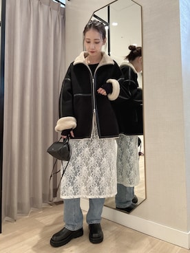 「Omekashi（オメカシ）のフェイクムートンショートコート（その他アウター）」を使った、AYAKAさん（レディース・159cm・30代）の秋コーディネート