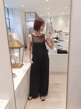 「Omekashi（オメカシ）のジョーゼットキャミサロペット（サロペット/オーバーオール、ブラック系）」を使った、AYAKAさん（レディース・159cm）の夏コーディネート