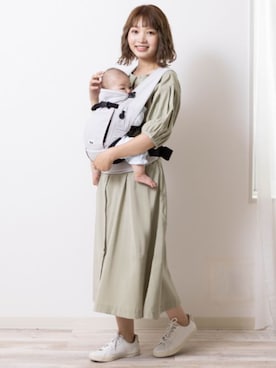 「SweetMommy（スウィートマミー）のバルーンスリーブワンピ（マタニティウェア/グッズ、グリーン系）」を使った、sweet mommyさん（レディース・159cm）の春コーディネート