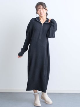 「SweetMommy（スウィートマミー）のハーフジップ リブライン ニットワンピース　[マタニティ 産前産後 授乳]（マタニティウェア/グッズ、ブラック系）」を使った、sweet mommyさん（レディース・159cm）の春コーディネート