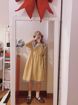 「韩代のアイテム（ワンピース/ドレス、イエロー系）」を使った、bananananaxxxさん（レディース・158cm）の夏コーディネート