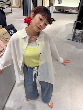 「LOWRYS FARM（ローリーズファーム）のＢＡＳＩＣシアータンク 1042099（タンクトップ、イエロー系）」を使った、さとめぐさん（レディース・159cm）の夏コーディネート