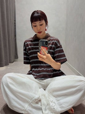 「LOWRYS FARM（ローリーズファーム）のＩＮＤＩＡレースバルーンパンツ 669781（その他パンツ、ホワイト系）」を使った、さとめぐさん（レディース・159cm）の夏コーディネート