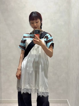 「LOWRYS FARM（ローリーズファーム）のワイドストレートデニムパンツ　607883（デニムパンツ、ブラック系）」を使った、さとめぐさん（レディース・159cm）の夏コーディネート