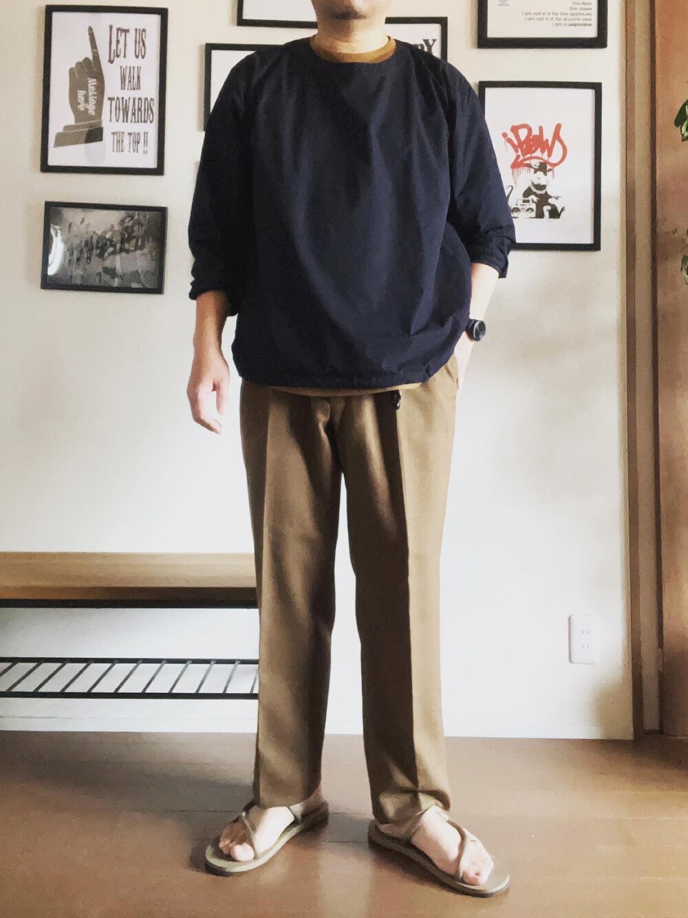 「カジュアル、シンプル、ラフコーデ、サンダル、モンベルサンダル、ootd」｜「mont-bellのアイテム（サンダル、ベージュ系）」を使った、hs_ngy17さん（メンズ・185cm）の春コーディネートの1枚目の写真