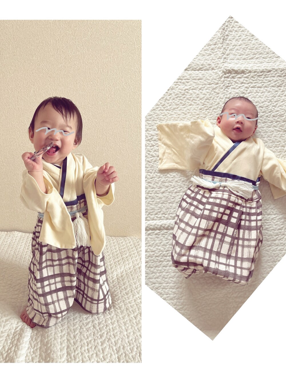 「男の子コーデ、お正月、袴、袴ロンパース、初詣」｜「SweetMommyのアイテム（ロンパース、ホワイト系）」を使った、manamoriさん（キッズ・80cm）の冬コーディネートの1枚目の写真