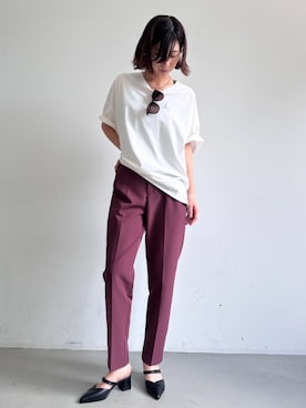 「アイテム（スラックス、レッド系）」を使った、cocaさん（レディース・163cm）の夏コーディネート