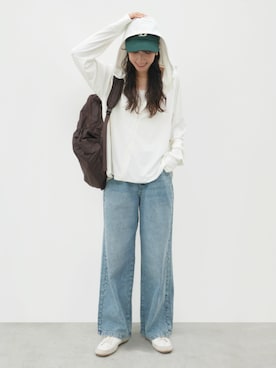 「coca（coca）（コカ）のサマーデニムウエストゴムイージーパンツ（デニムパンツ、ブルー系）」を使った、cocaさん（レディース・160cm）の夏コーディネート